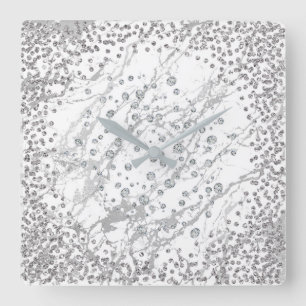 Horloge Carrée Cristaux Diamants Gris Argent Marbre Blancs