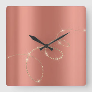 Horloge Carrée Cristaux d'or rose Verre glacé Infinité Cuivre