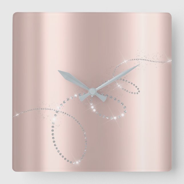 Horloge Carrée Cristaux pastel Rose gris argenté Infini Diamants (Recto)