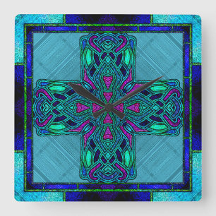 Horloge Carrée Croix celtique en verre coloré bleu et aqua