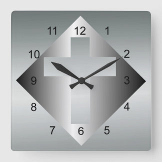 Horloge Carrée Croix chrétienne en couleur argent