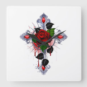 Horloge Carrée Croix d'argent avec une rose rouge
