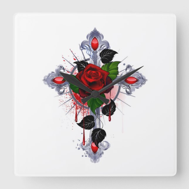 Horloge Carrée Croix d'argent avec une rose rouge (Recto)