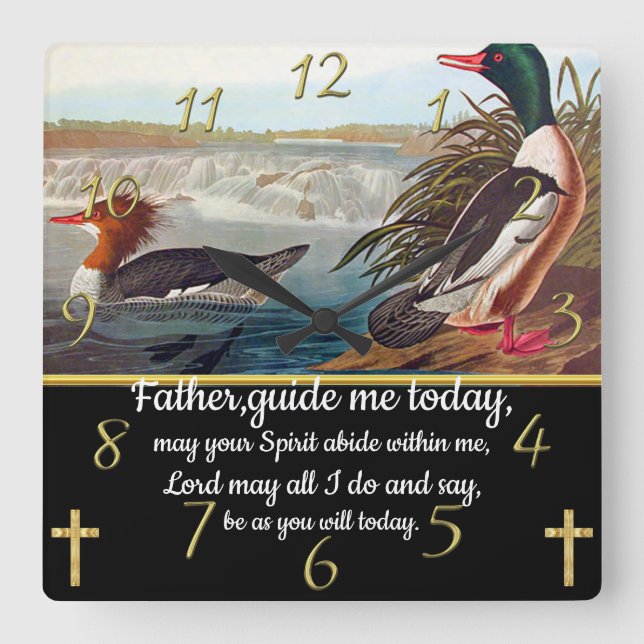 Horloge Carrée Croix Gold Christian Faith avec deux canards (Recto)