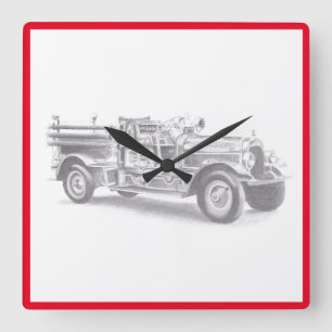 Horloge Carrée croquis au crayon de vieux camion de pompiers dess