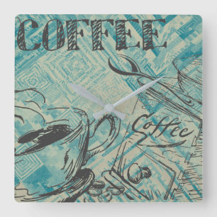 Horloge Carrée Croquis d'art de café moderne bleu