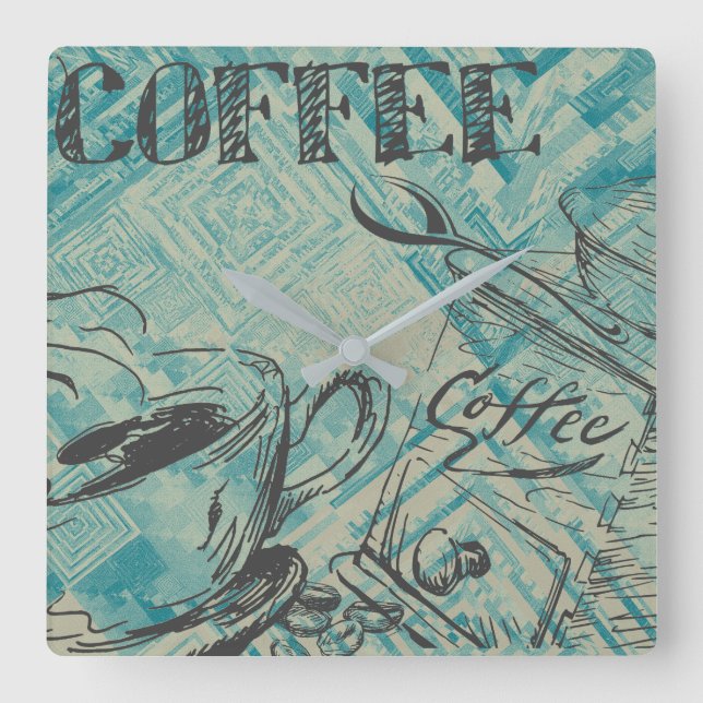 Horloge Carrée Croquis d'art de café moderne bleu (Recto)