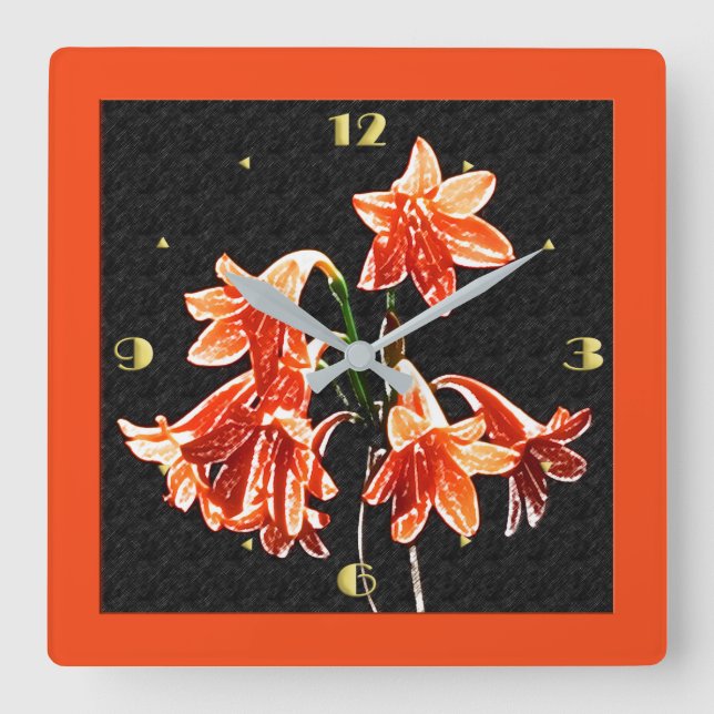 Horloge Carrée Croquis de Daylilies - Mandarin orange et rouille (Recto)