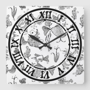 Horloge Carrée Croquis fée imaginaire poissons crachers mer plant