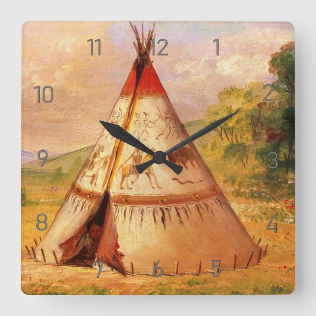 Horloge Carrée Crow Teepee Wigwam, George Catlin Art (Recto)