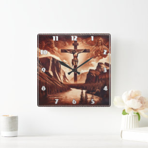 Horloge Carrée Crucifixion de Jésus au milieu des montagnes majes