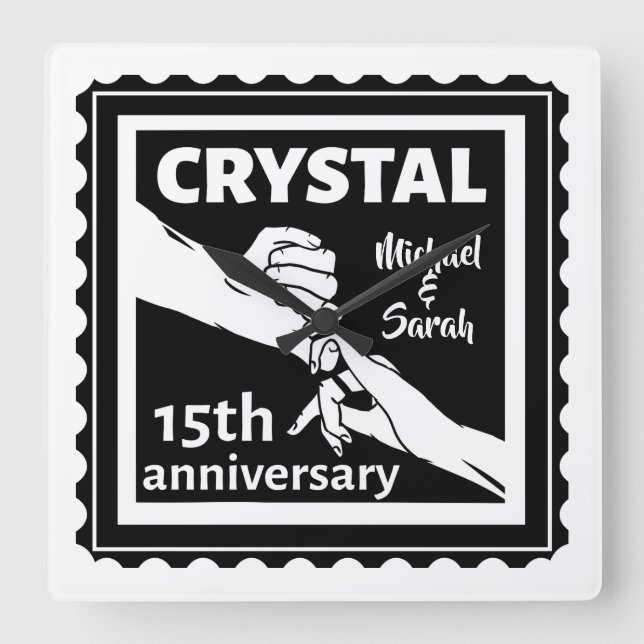 Horloge Carrée Crystal 15e anniversaire mariage tenant la main (Recto)
