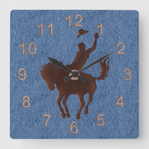 Horloge Carrée Cuir Cowboy et Cheval sur Denim