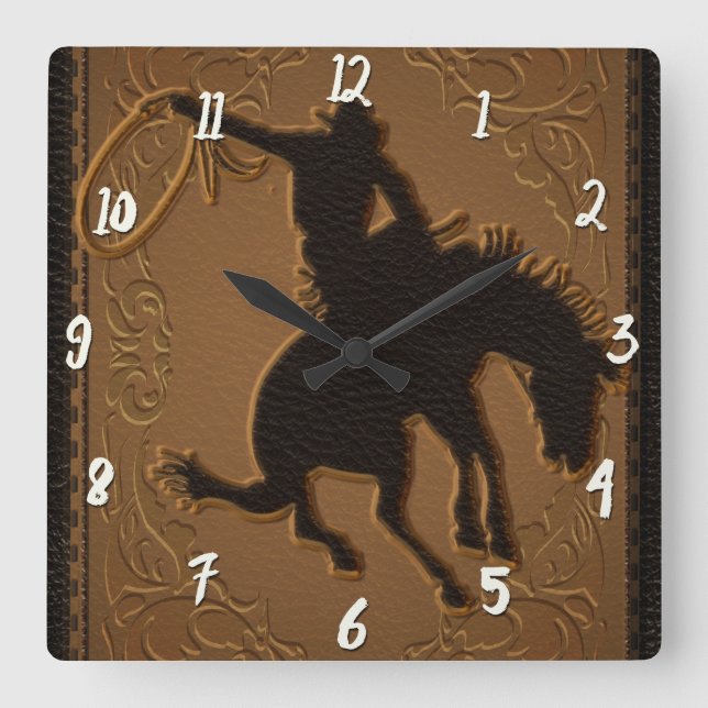 Horloge Carrée Cuir Western Far West Rustique Campagne Cow-boy (Recto)