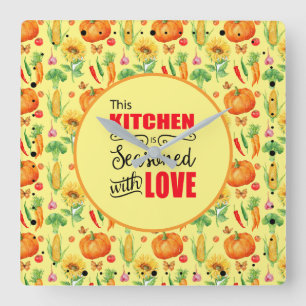 Horloge Carrée Cuisine Assaisonnée Avec Amour Motif Légume
