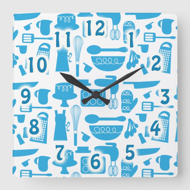 Horloge Carrée Cuisine Bleue Cuisine Outils Cuisine Motif Art (Recto)