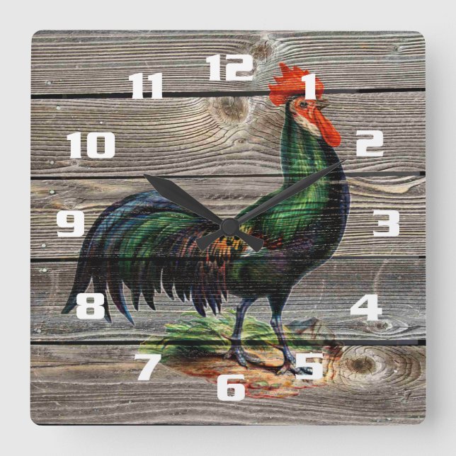 Horloge Carrée Cuisine Coq de Campagne Rustique (Recto)