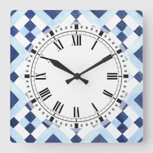 Horloge Carrée Cuisine géométrique marocaine bleue et blanche