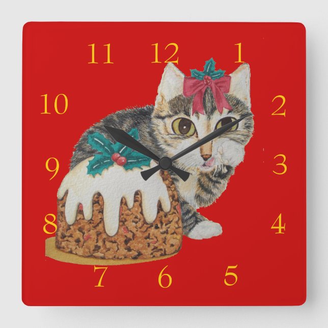 Horloge Carrée Cuisine kitten gray tabby cat licking paws christm (Recto)