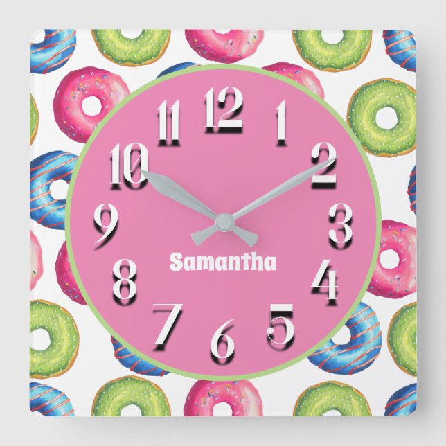 Horloge Carrée Cuisine Personnalisée Pink Blue Green Doughnut (Recto)