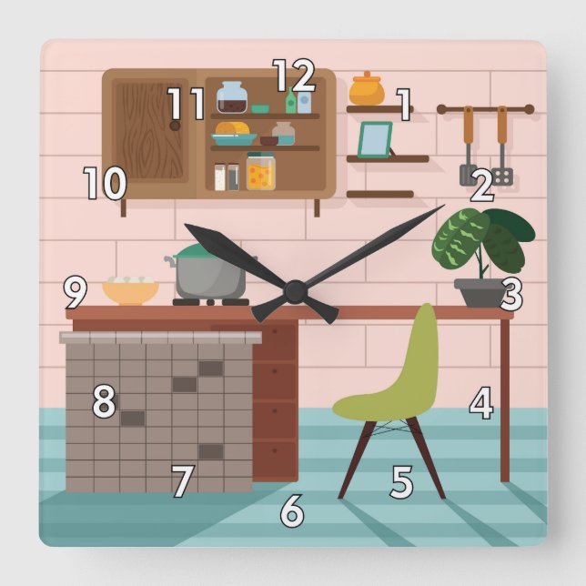 Horloge Carrée Cuisine rétro jolie et colorée (Recto)