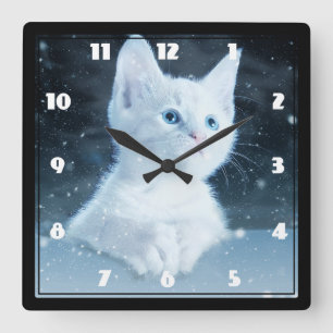 Horloge Carrée Cuite Kitten blanc avec de beaux yeux bleus