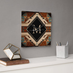 Horloge Carrée Culture amérindienne de style bohème Monogramme