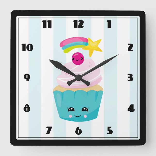 Horloge Carrée Cupcake bleu mignon avec visage Kawaii (Recto)