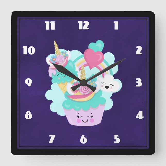 Horloge Carrée Cupcake mignonne et crème glacée joyeuse (Recto)