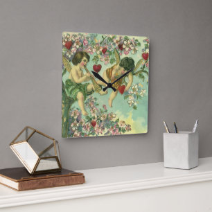 Horloge Carrée Cupidons de la Saint-Valentin victorienne Arbre cœ