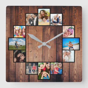 Horloge Carrée Custom 12 Family Friends Photo Collage Rustic