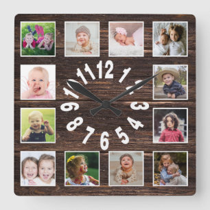 Horloge Carrée Custom 12 Family Photo Collage Rustic Farmhouse
