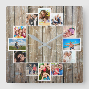 Horloge Carrée Custom 12 Family Photo Collage Rustic Farmhouse