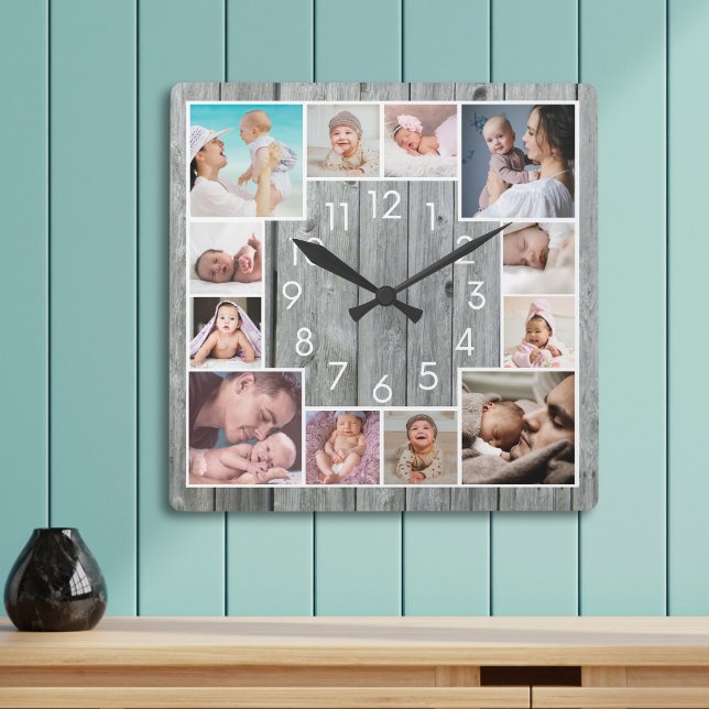 Horloge Carrée Custom 12 Family Photo Collage Rustic Gray Wood (Créateur téléchargé)