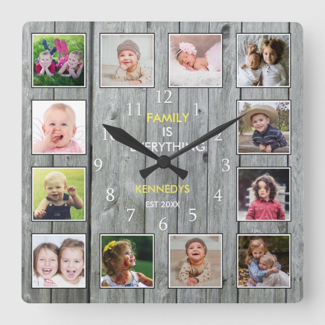 Horloge Carrée Custom 12 Family  Photo Collage Rustic Gray Wood (Recto)
