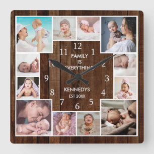 Horloge Carrée Custom 12 Family Photo Collage Rustique Bois Brown