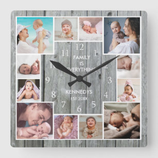 Horloge Carrée Custom 12 Family Photo Collage Rustique Gris Bois