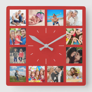 Horloge Carrée Custom 12 Keepsaké Famille Photo Collage Rouge