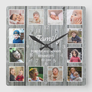 Horloge Carrée Custom 12 Photo Collage Family Forever Grey Wood