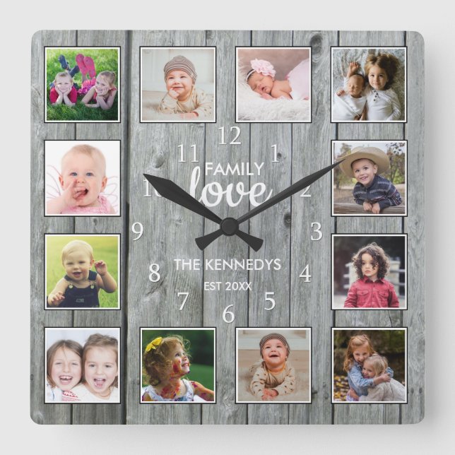 Horloge Carrée Custom 12 Photo Collage Family Love Gray Wood (Recto)