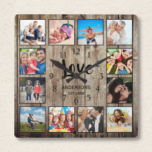 Horloge Carrée Custom 12 Photo Collage Family Love Reclaimed Wood