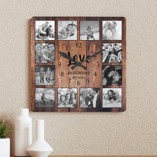 Horloge Carrée Custom 12 Photo Collage Family Love Reclaimed Wood