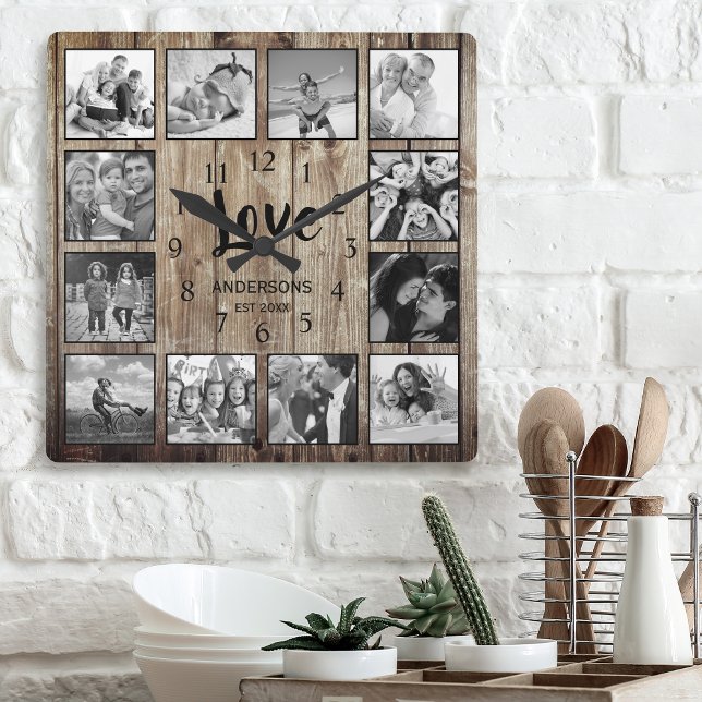 Horloge Carrée Custom 12 Photo Collage Family Love Reclaimed Wood (Créateur téléchargé)