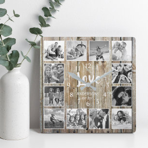 Horloge Carrée Custom 12 Photo Collage Family Love Reclaimed Wood