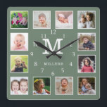 Horloge Carrée Custom 12 Photo Collage Family Name Monogram Green<br><div class="desc">Create your own photo collage wall clock with 12 of your favorite pictures. The photo frame clock helps you treasure your special moments and also makes a thoughtful gift for parents, grandparents and friends. The personalized clock makes it a perfect gift for all occasions. Personalize with monogram initial, and family...</div>