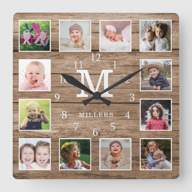 Horloge Carrée Custom 12 Photo Collage Family Name Monogram Wood (Recto)