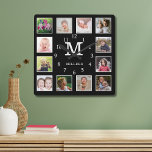 Horloge Carrée Custom 12 Photo Collage Family Nom Monogram Black<br><div class="desc">Créez votre propre horloge murale collage photo avec 12 de vos photos préférées. L'horloge à cadre photo vous aide à chérir vos moments spéciaux et fait également un cadeau réfléchi pour les parents, grands-parents et amis. L'horloge personnalisée en fait un cadeau parfait pour toutes les occasions. Personnalisez avec le monogramme...</div>