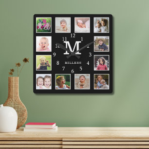 Horloge Carrée Custom 12 Photo Collage Family Nom Monogram Black