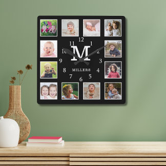 Horloge Carrée Custom 12 Photo Collage Family Nom Monogram Black