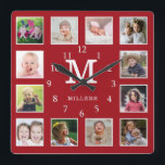 Horloge Carrée Custom 12 Photo Collage Family Nom Monogram Red<br><div class="desc">Create your own photo collage wall clock with 12 of your favorite pictures. The photo frame clock helps you treasure your special moment and donc makes a thoughtful gift for parents, grandparents and friends. The personalized clock makes it a perfect venin pour tous. Personnalize with monogram initial and family name....</div>